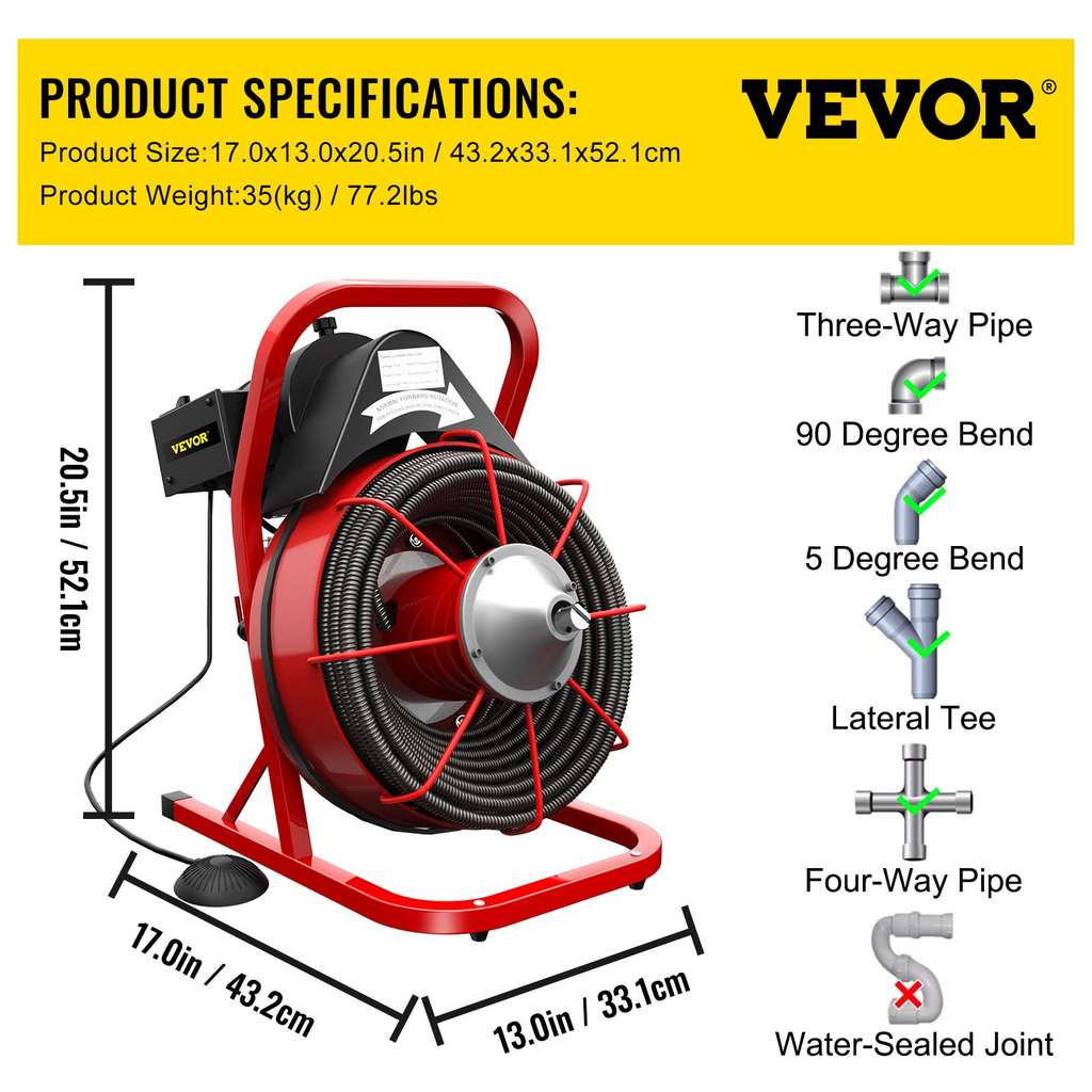 VEVOR - Desatascador de desagües eléctrico de 22 MTS x 1/2 pulgada, 370 W, desatascador de desagües portátil con cortadores e interruptor de pie activado por aire para tuberías de 2 a 4 JH2