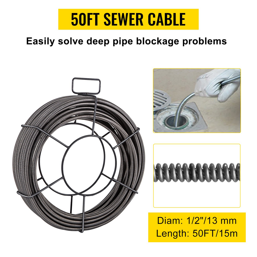 Cable de limpieza de desagües VEVOR de 15mts  x 1/2 pulgada, cable de núcleo sólido, cable de alcantarillado, barrena de drenaje, limpiador de cables, serpiente, tubería de obstrucción, cable de limpieza de desagües JH2