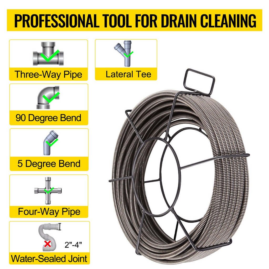 Cable de limpieza de desagües VEVOR de 15mts  x 1/2 pulgada, cable de núcleo sólido, cable de alcantarillado, barrena de drenaje, limpiador de cables, serpiente, tubería de obstrucción, cable de limpieza de desagües JH2