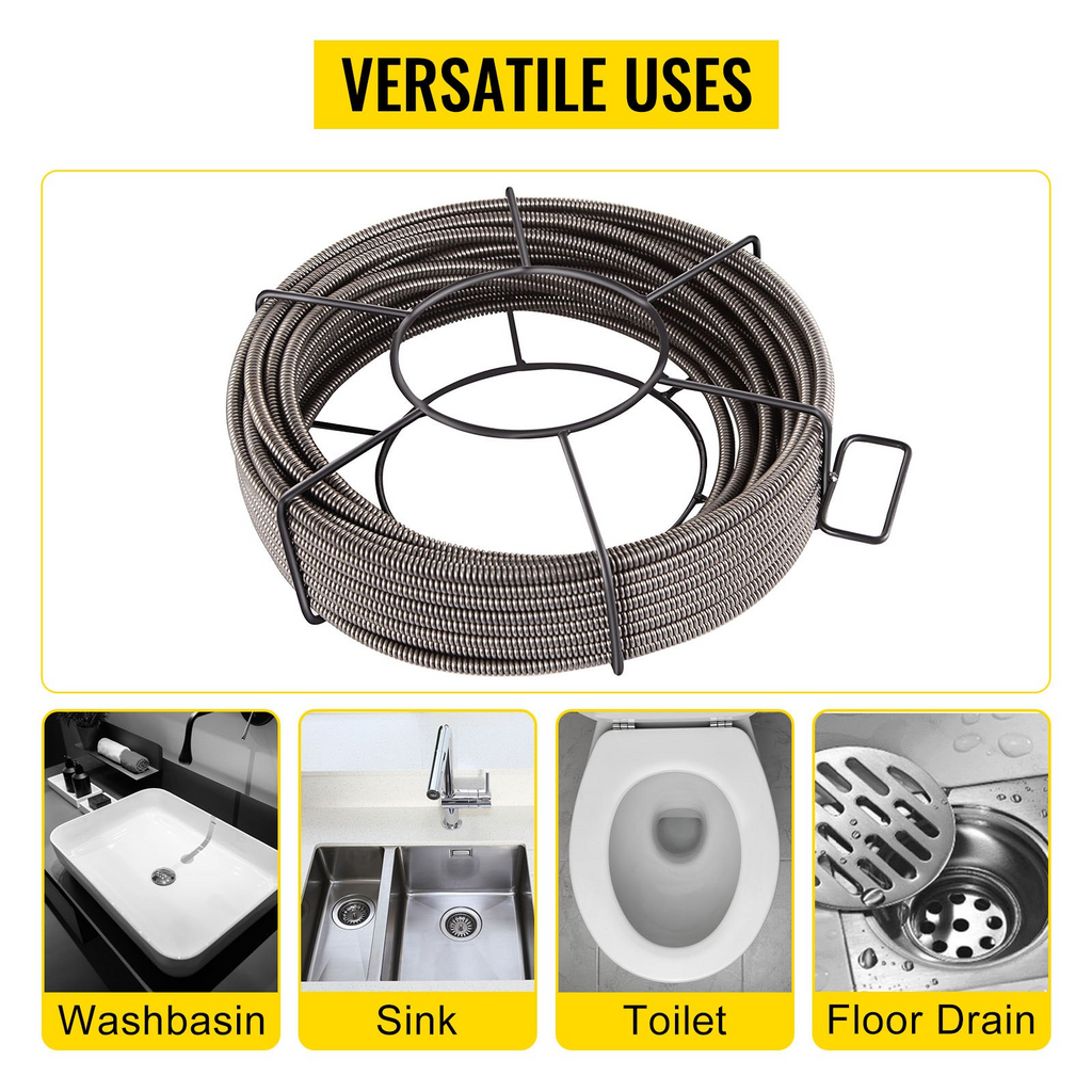 Cable de limpieza de desagües VEVOR de 15mts  x 1/2 pulgada, cable de núcleo sólido, cable de alcantarillado, barrena de drenaje, limpiador de cables, serpiente, tubería de obstrucción, cable de limpieza de desagües JH2