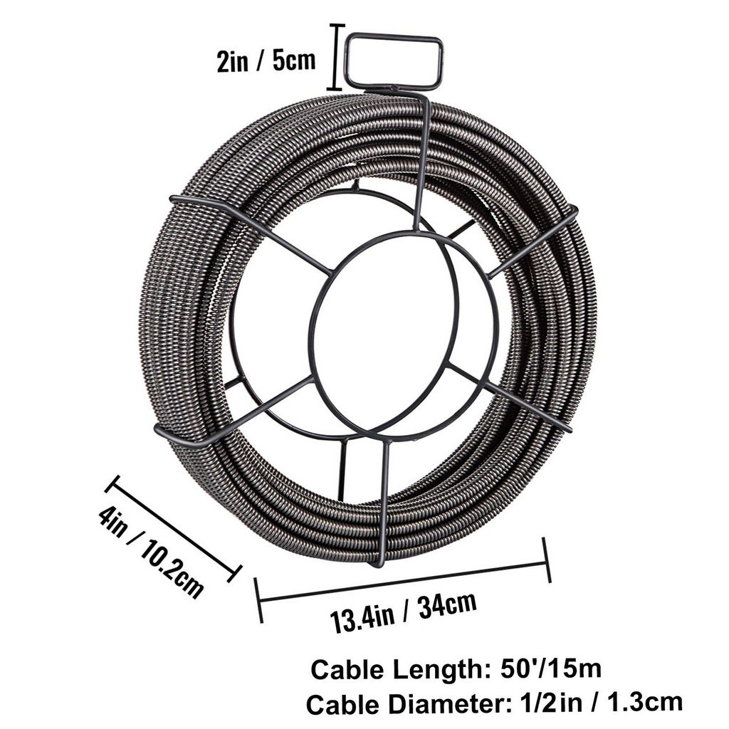 Cable de limpieza de desagües VEVOR de 15mts  x 1/2 pulgada, cable de núcleo sólido, cable de alcantarillado, barrena de drenaje, limpiador de cables, serpiente, tubería de obstrucción, cable de limpieza de desagües JH2