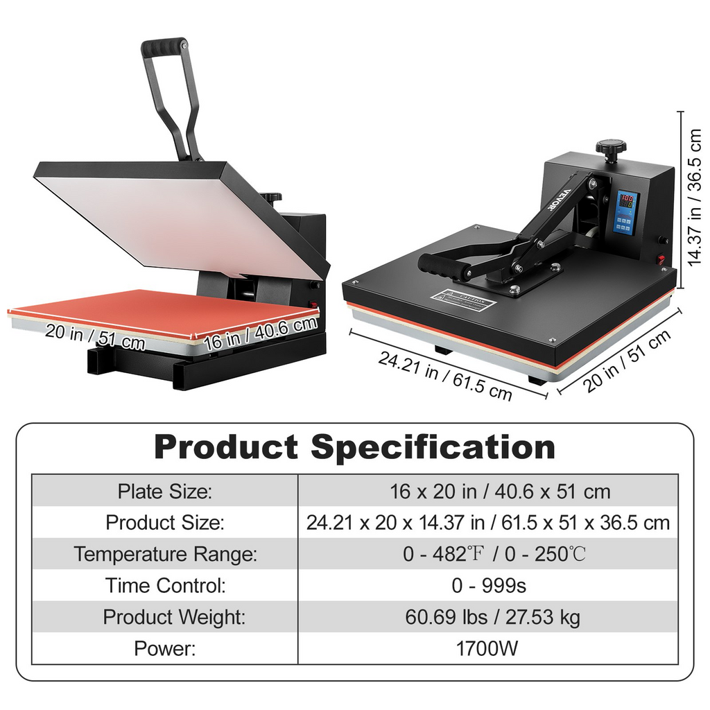 Prensa térmica de 16 x 20 pulgadas 1700 W de potencia