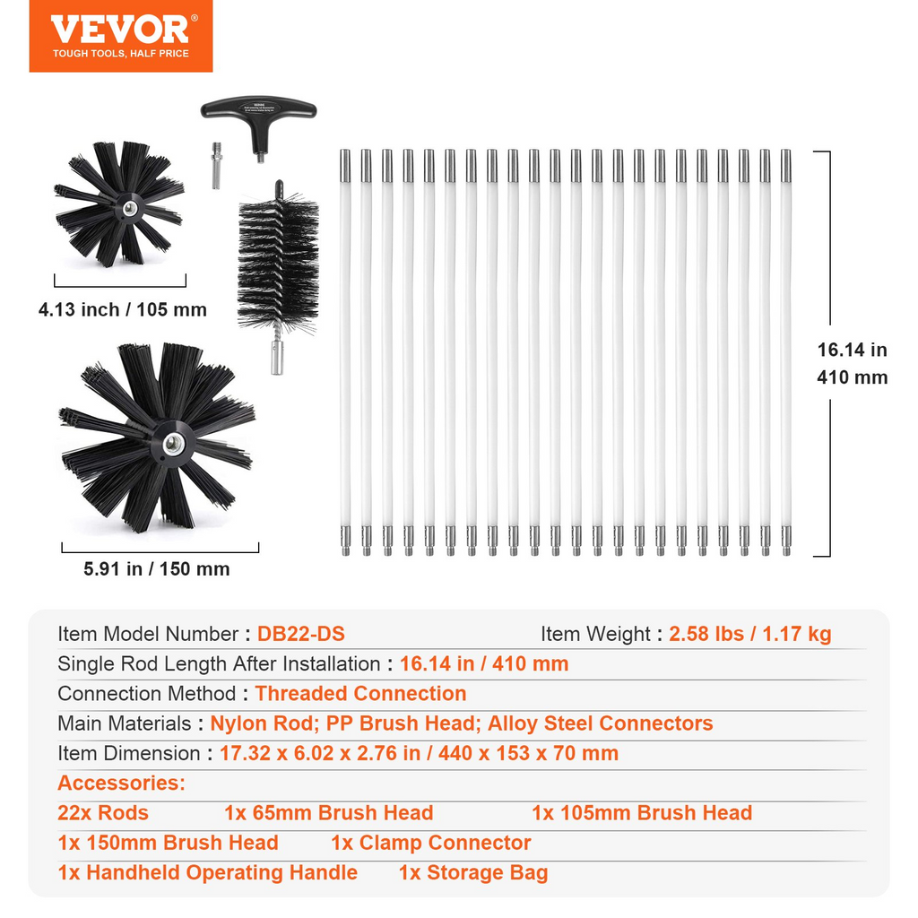 VEVOR Kit de limpieza de conductos de secadora de 22 piezas y 30 pies incluye 3 tamaños diferentes de cepillos atrapapelusas flexibles