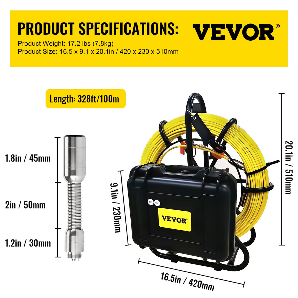 Cámara de alcantarillado VEVOR cable de 100 m/328 pies IP68 a prueba de agua tarjeta SD de 16 GB función DVR monitor LCD de 9" 720P luces LED