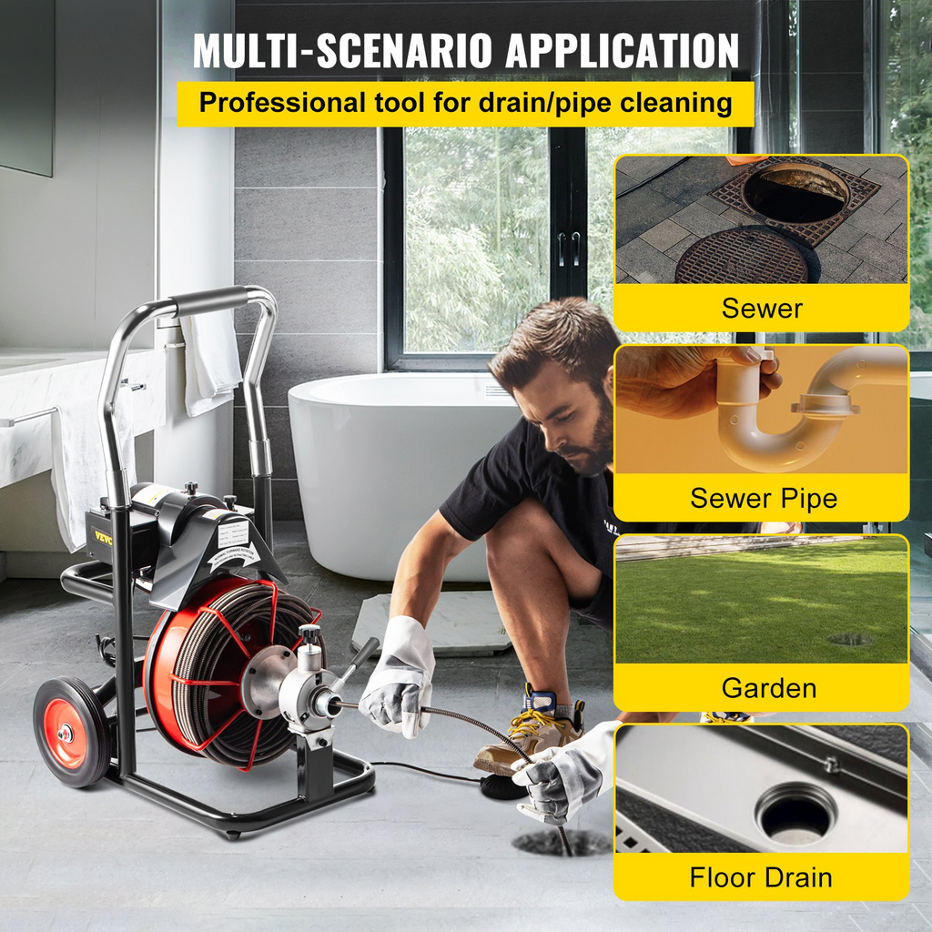 VEVOR - Desatascador de desagües de 22 MTS x 3/8 pulgadas con alimentación automática, apto para tuberías de 1" (25 mm) a 4" (100 mm), 370 W, sinfín eléctrico portátil con cortadores JH2