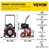 VEVOR - Desatascador de desagües de 22 MTS x 3/8 pulgadas con alimentación automática, apto para tuberías de 1" (25 mm) a 4" (100 mm), 370 W, sinfín eléctrico portátil con cortadores JH2