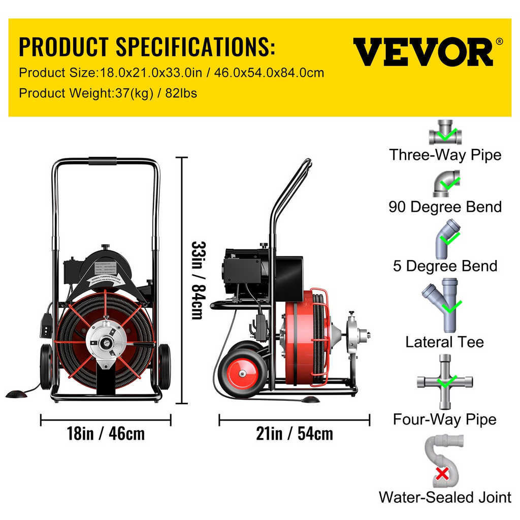 VEVOR - Desatascador de desagües de 22 MTS x 3/8 pulgadas con alimentación automática, apto para tuberías de 1" (25 mm) a 4" (100 mm), 370 W, sinfín eléctrico portátil con cortadores JH2