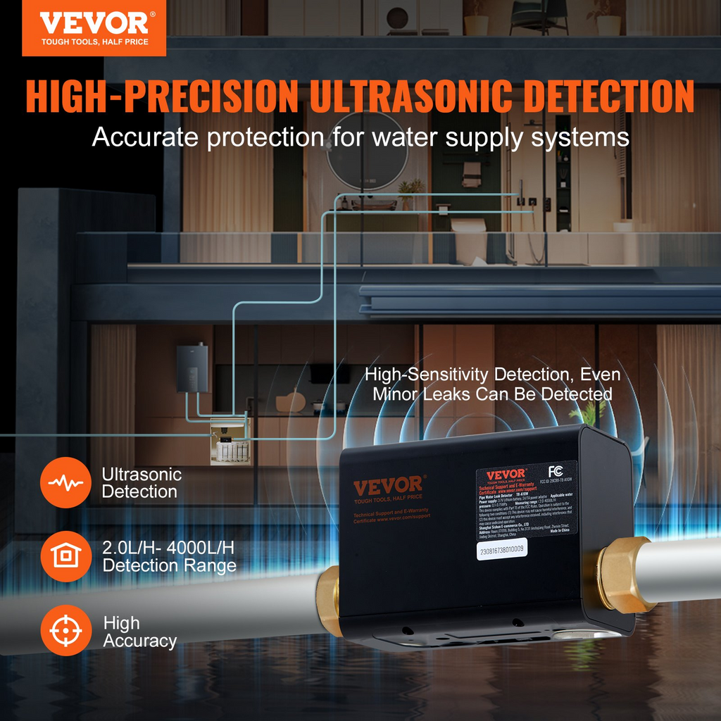 VEVOR Detector de fugas de agua inteligente y apagado automático rango de medición de 2,0 a 4000 l/h 6 modos