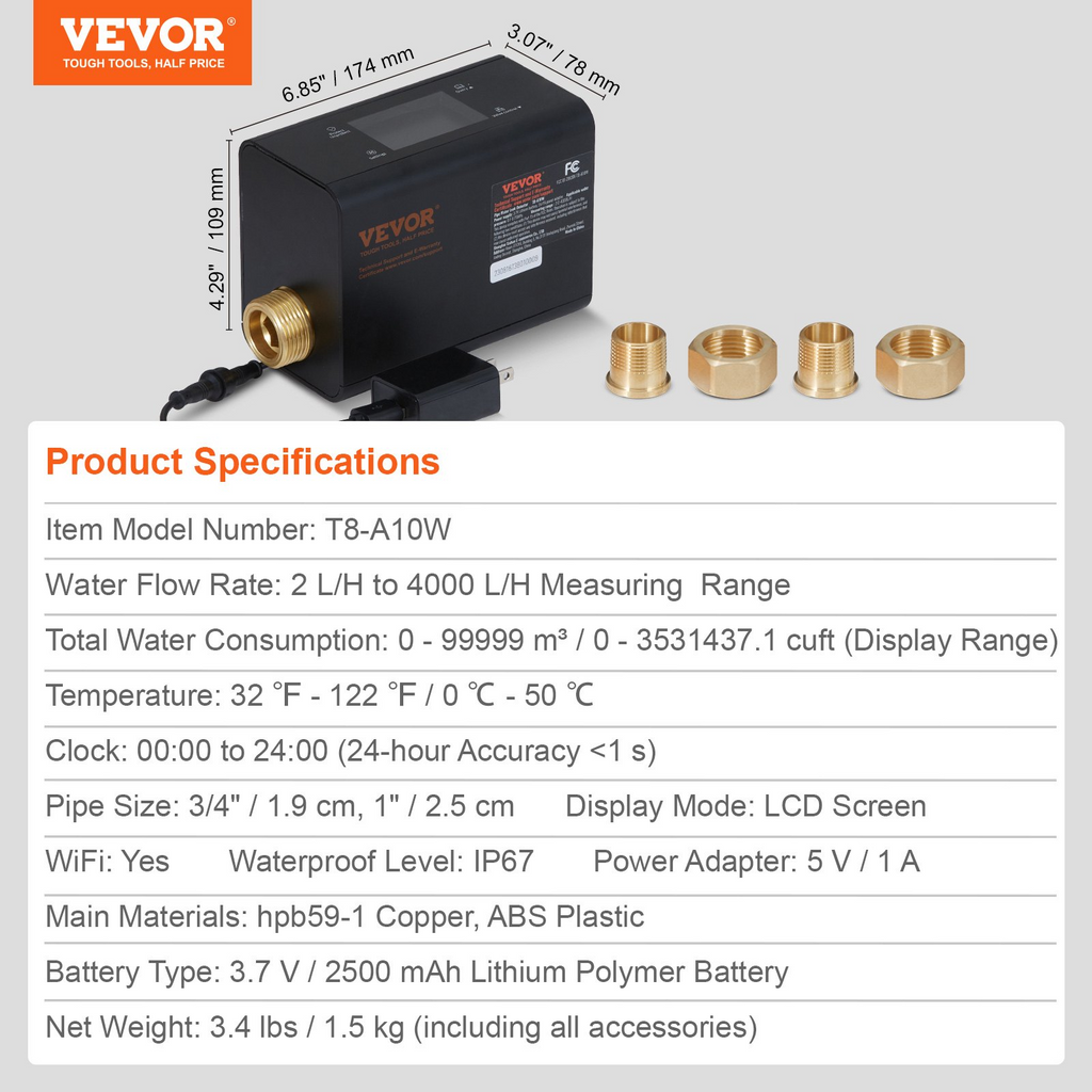 VEVOR Detector de fugas de agua inteligente y apagado automático rango de medición de 2,0 a 4000 l/h 6 modos