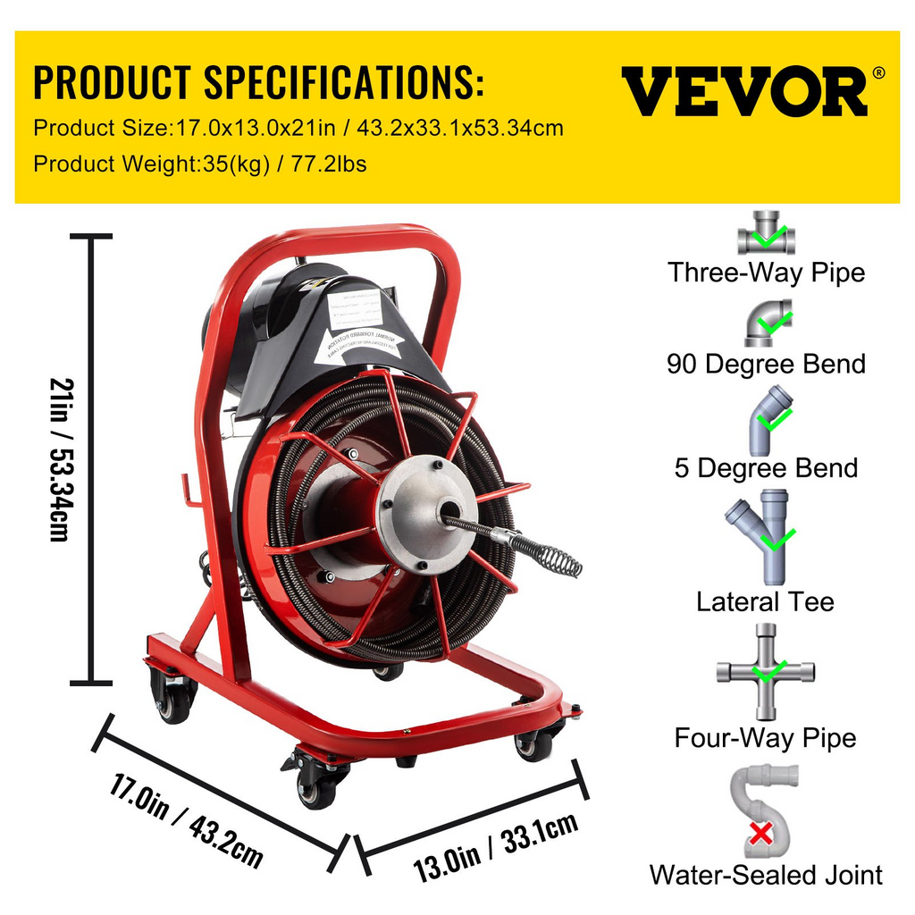 Barrena eléctrica para desagües VEVOR, 75' x 3/8", 250 W, máquina limpiadora de desagües que se adapta a tuberías de 2'' a 4'', JH2