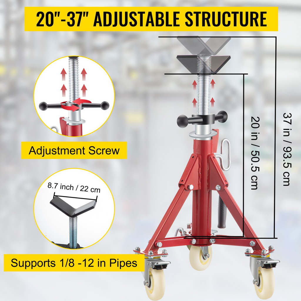Soporte para tubos VEVOR con cabezal en V altura ajustable de 20 a 37" con ruedas capacidad de 882 lb soportes portátiles plegables de 1/8" a 12"