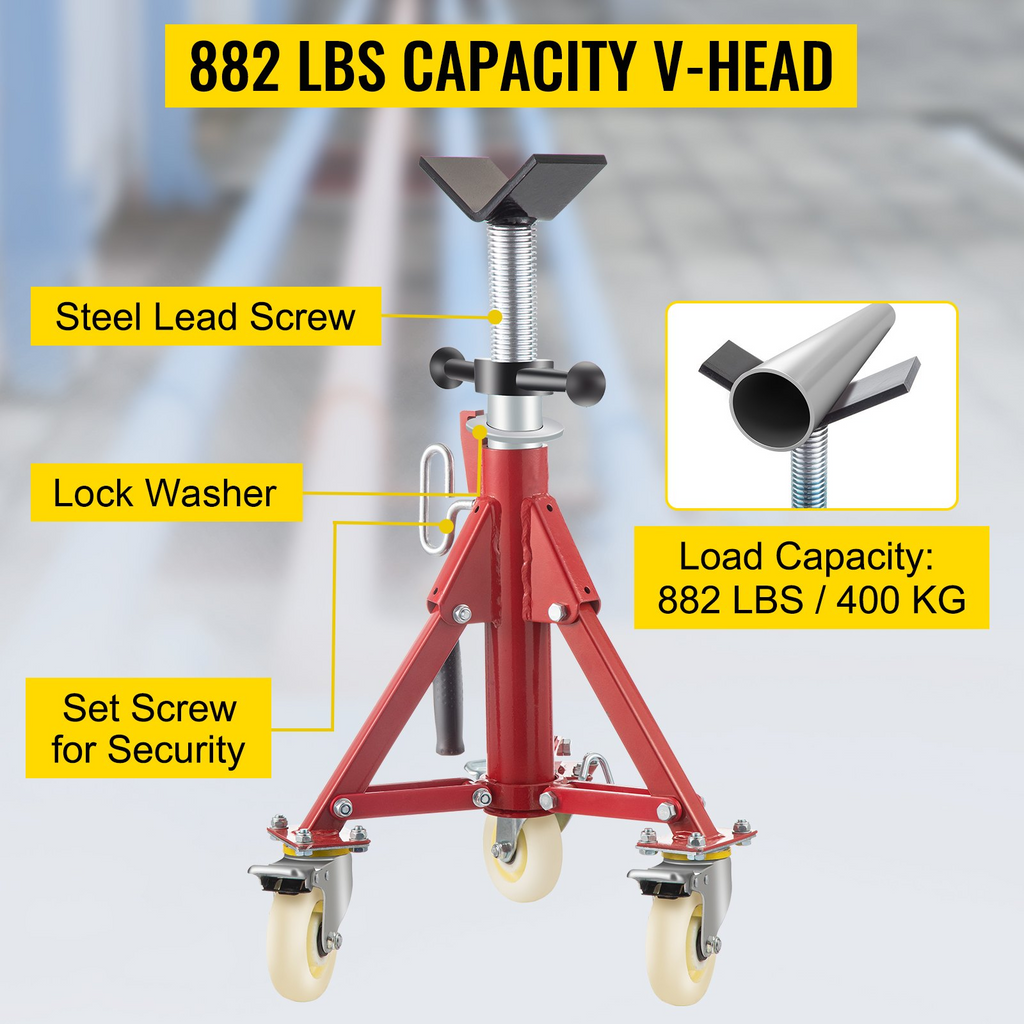 Soporte para tubos VEVOR con cabezal en V altura ajustable de 20 a 37" con ruedas capacidad de 882 lb soportes portátiles plegables de 1/8" a 12"