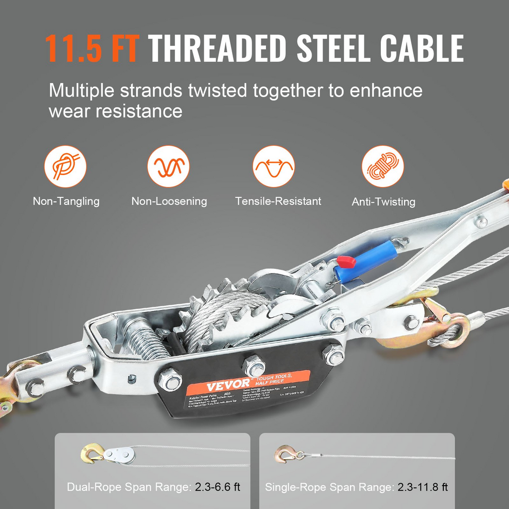 Cabrestante VEVOR capacidad de tracción de 5 toneladas (11 023 lb) cable de acero de 11,5 pies 3 ganchos
