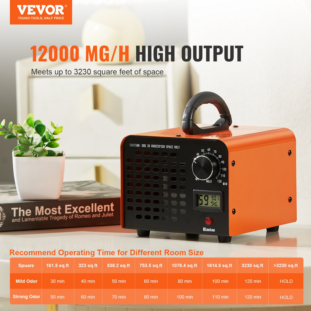 Generador de ozono VEVOR 12000 mg/h para eliminar olores comercial e industrial con ajuste de tiempo de 0 a 120 min para habitaciones automóviles y mascotas
