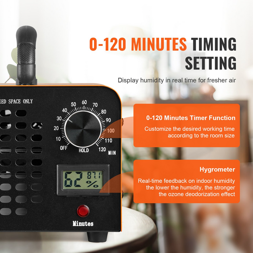 Generador de ozono VEVOR 12000 mg/h para eliminar olores comercial e industrial con ajuste de tiempo de 0 a 120 min para habitaciones automóviles y mascotas
