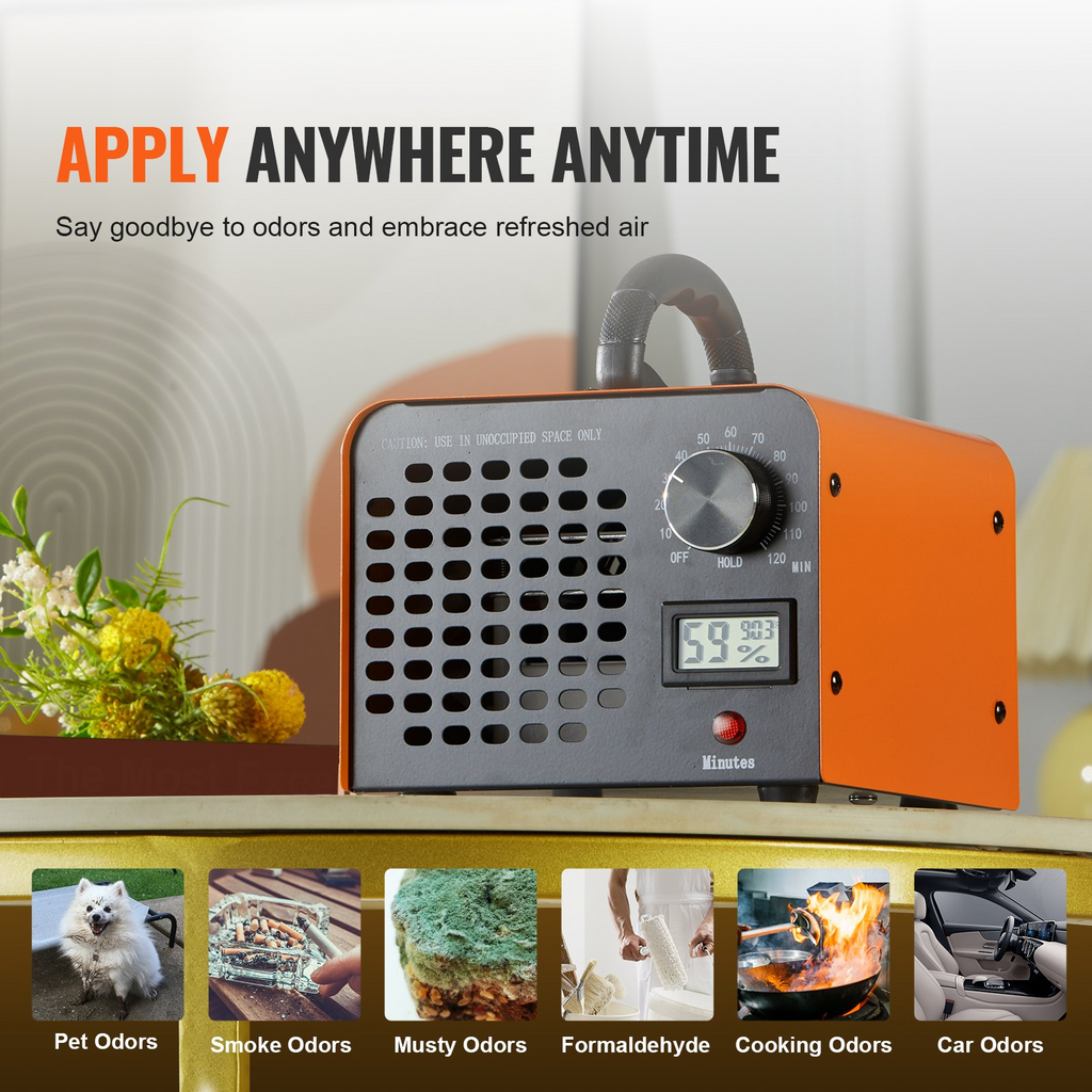 Generador de ozono VEVOR 12000 mg/h para eliminar olores comercial e industrial con ajuste de tiempo de 0 a 120 min para habitaciones automóviles y mascotas