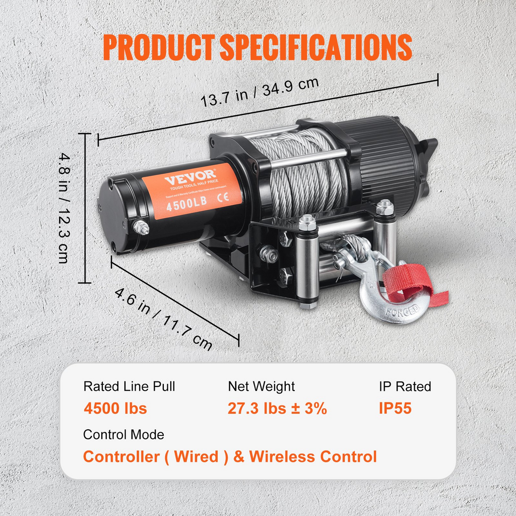 Cabrestante eléctrico VEVOR cabrestante de cuerda de acero con capacidad de carga de 4500 lb y 12 V IP55