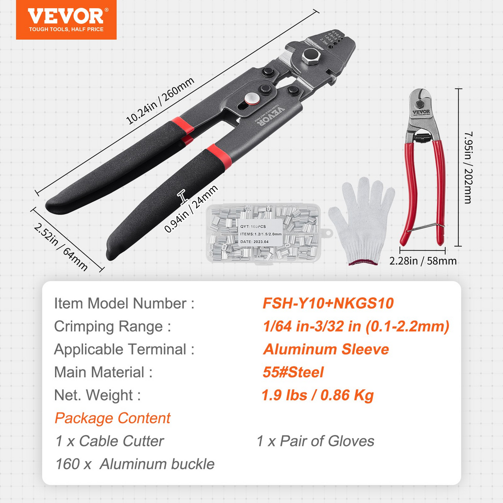 Herramienta de crimpado y cortador de cables de acero VEVOR de 1/64" a 3/32" y 160 hebillas de aluminio,