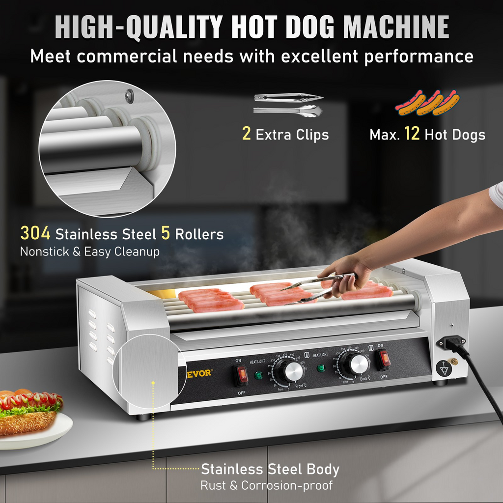 Máquina para Calentar Salchichas de Acero Inoxidable de 750 W con Control de Temperatura Dual Capacidad para 12 Hot Dogs 5 Rodillos