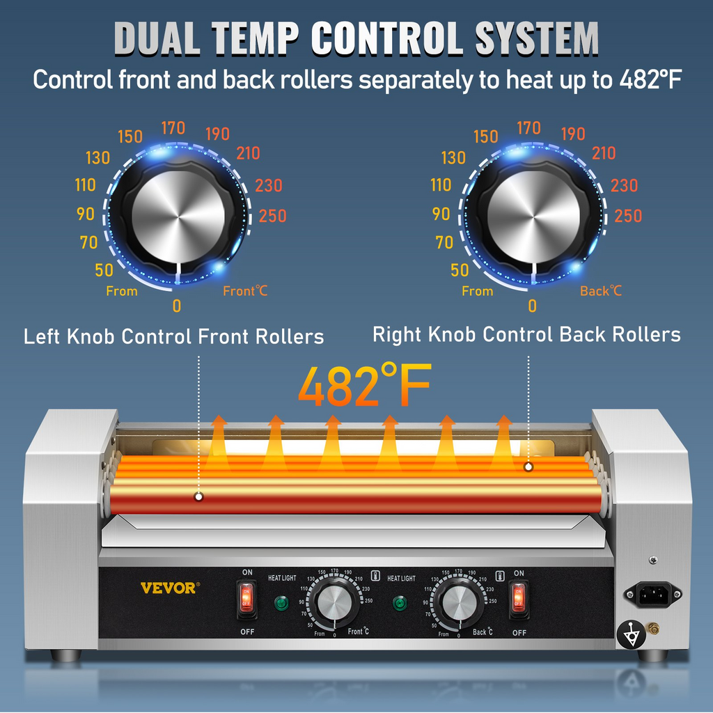 Máquina para Calentar Salchichas de Acero Inoxidable de 750 W con Control de Temperatura Dual Capacidad para 12 Hot Dogs 5 Rodillos