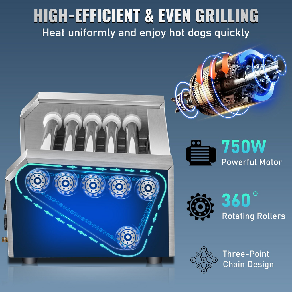 Máquina para Calentar Salchichas de Acero Inoxidable de 750 W con Control de Temperatura Dual Capacidad para 12 Hot Dogs 5 Rodillos