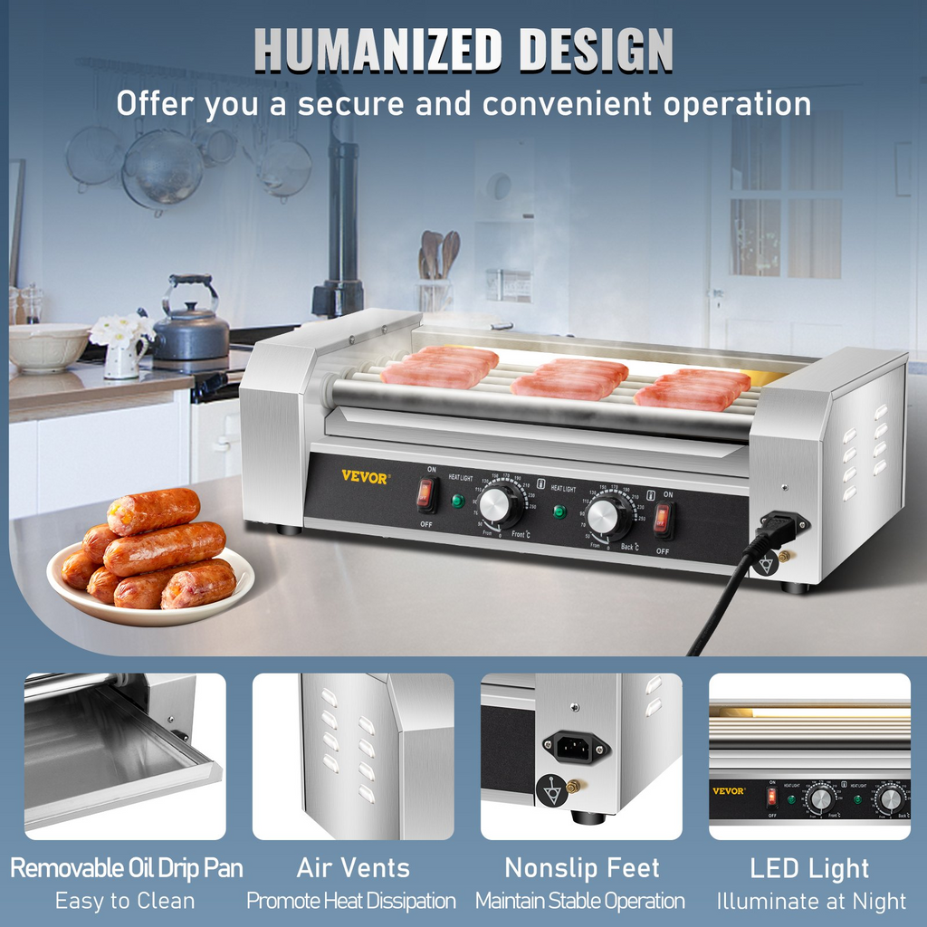 Máquina para Calentar Salchichas de Acero Inoxidable de 750 W con Control de Temperatura Dual Capacidad para 12 Hot Dogs 5 Rodillos