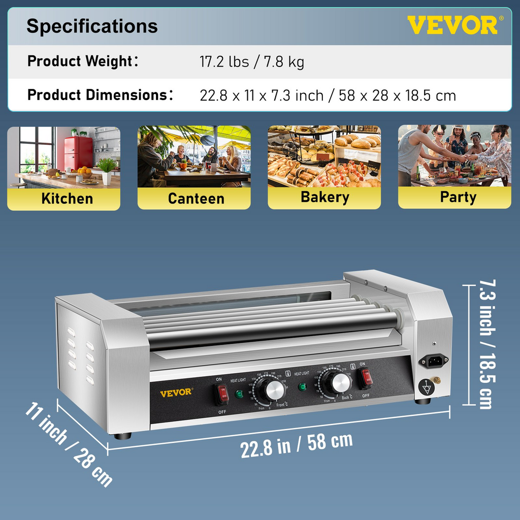 Máquina para Calentar Salchichas de Acero Inoxidable de 750 W con Control de Temperatura Dual Capacidad para 12 Hot Dogs 5 Rodillos