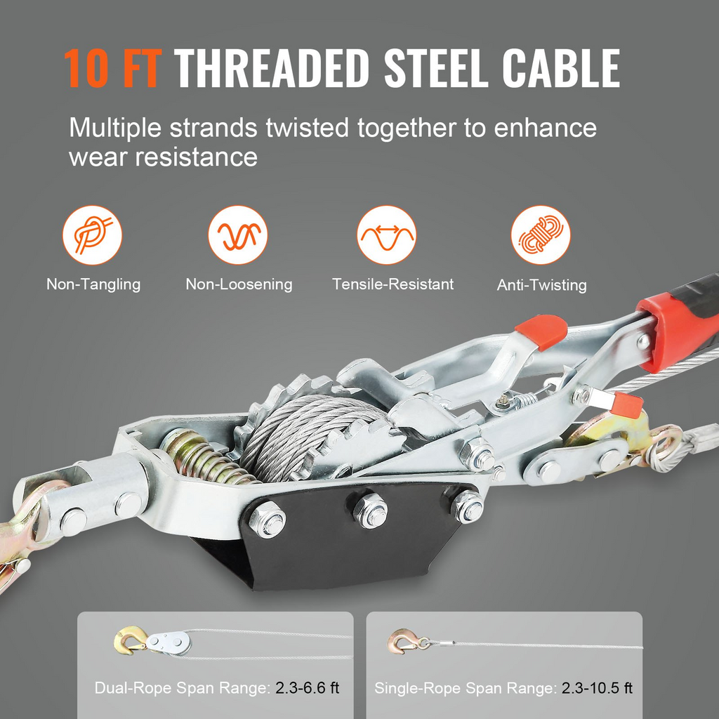 Cabrestante VEVOR capacidad de tracción de 4 toneladas (8818 libras) cable de acero de 10 pies 3 ganchos