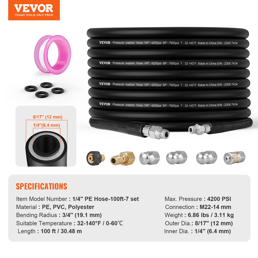 Manguera para hidrolavadora VEVOR 100 pies 1/4" para la mayoría de las hidrolavadoras de marcas radio de curvatura de 3/4" 4200 PSI