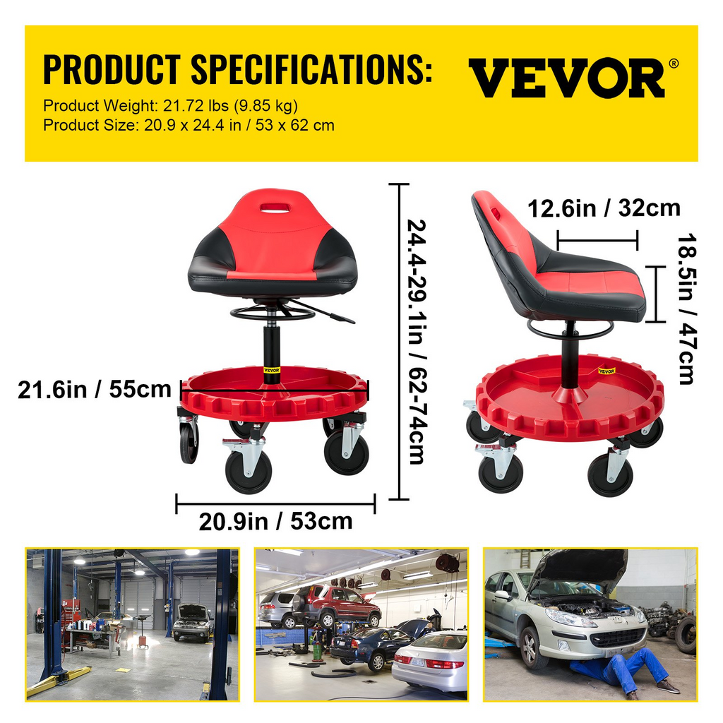 VEVOR Asiento con ruedas capacidad de 300 libras altura ajustable de 18" a 23"