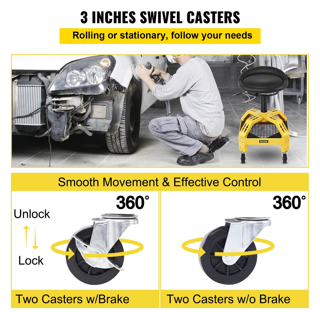 Taburete de garaje con ruedas VEVOR capacidad de 300 libras altura ajustable de 24 a 28,7 pulgadas