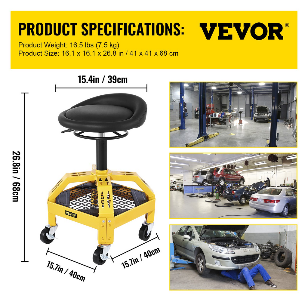 Taburete de garaje con ruedas VEVOR capacidad de 300 libras altura ajustable de 24 a 28,7 pulgadas
