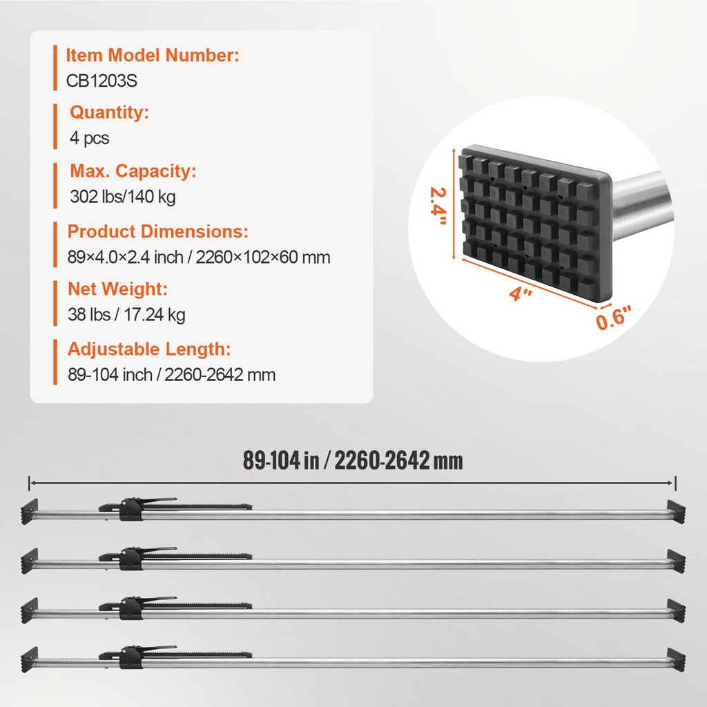 Barra de carga VEVOR con trinquete ajustable de 89" a 104" con capacidad de 309 lb
