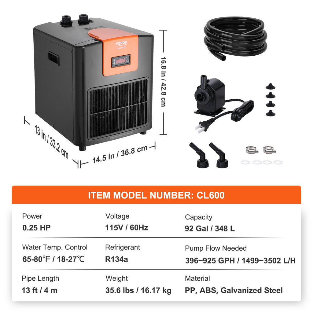 Enfriador de acuario VEVOR 92 galones 348 L de 1/4 HP