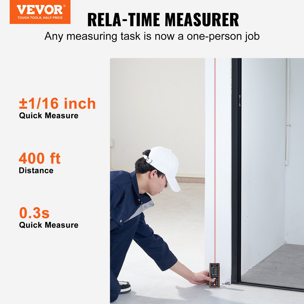 Medidor láser VEVOR 400 pies medición de distancia láser con precisión de ±1/16'' y almacenamiento de 100 grupos