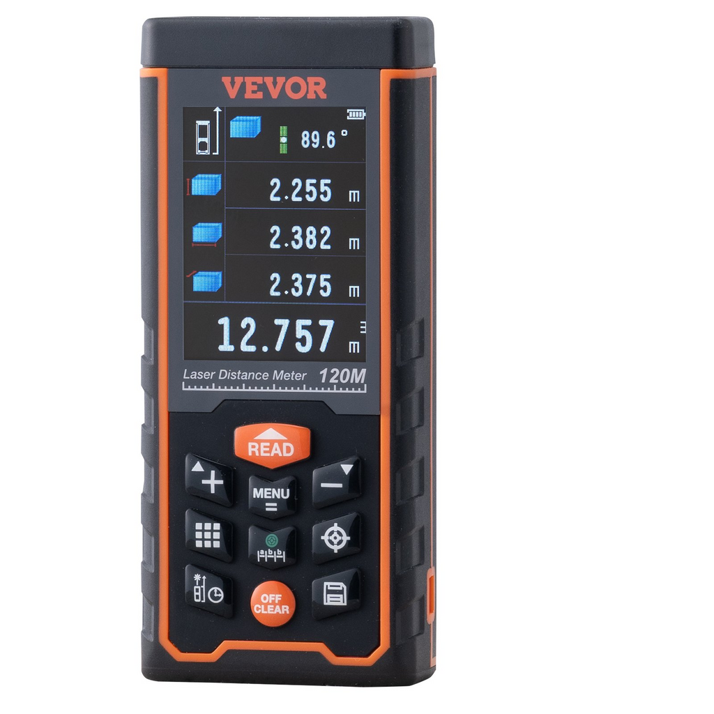 Medidor láser VEVOR 400 pies medición de distancia láser con precisión de ±1/16'' y almacenamiento de 100 grupos