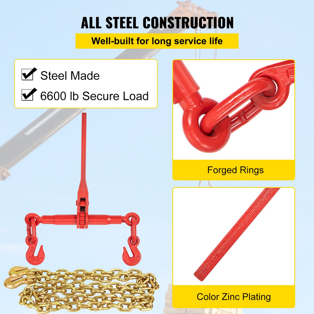 Kit de amarre de cadena VEVOR de 5/16" con capacidad de carga de trabajo de 6600 libras y dos ganchos de agarre incluye (4) amarres de trinquete, (4) cadenas de grado 80 de 21'