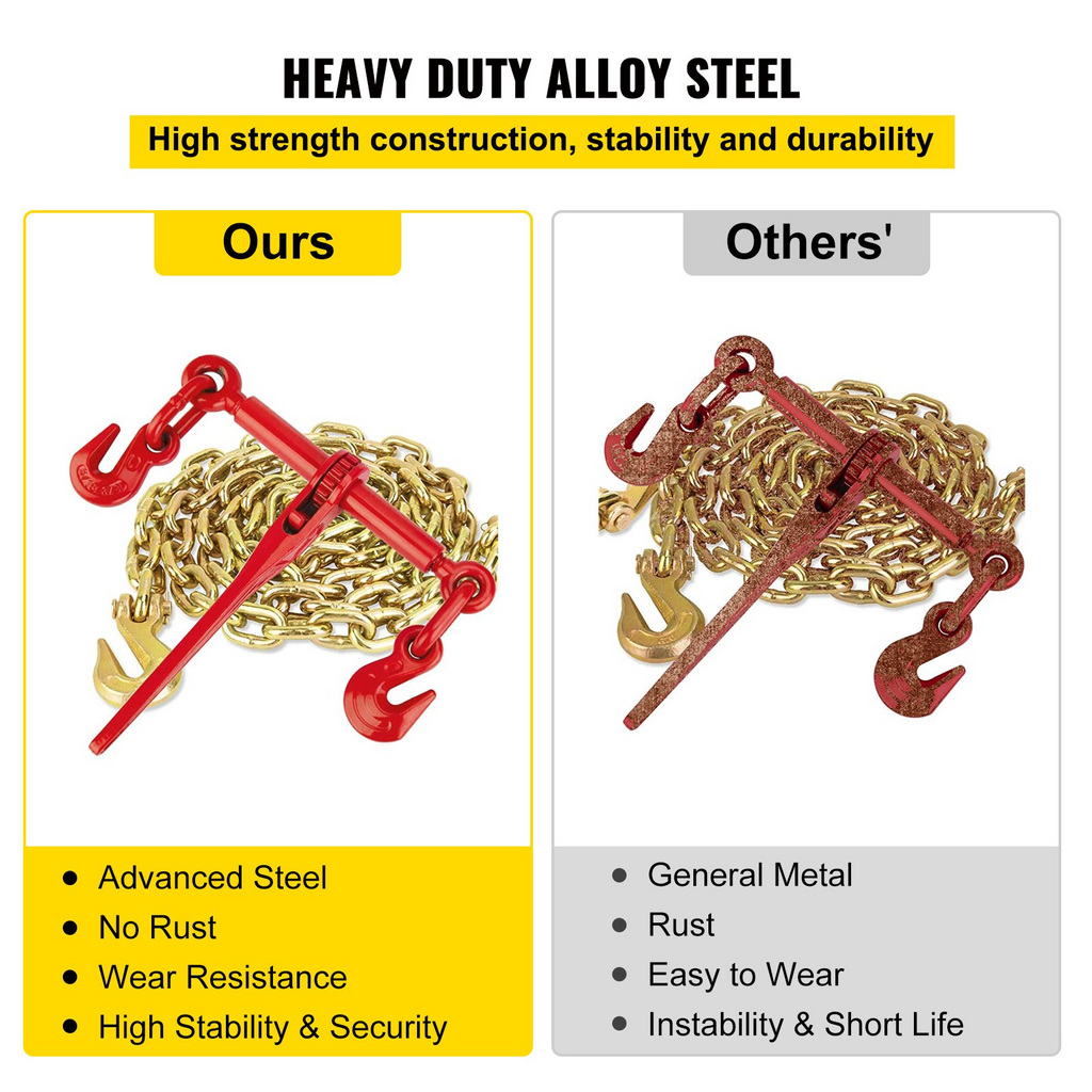 Kit de amarre de cadena VEVOR de 5/16" con capacidad de carga de trabajo de 6600 libras y dos ganchos de agarre incluye (4) amarres de trinquete, (4) cadenas de grado 80 de 21'
