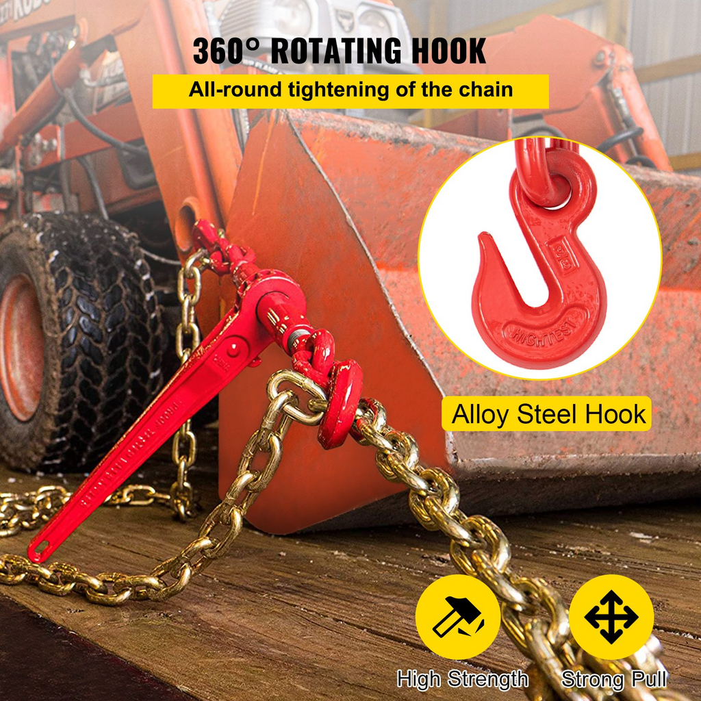Kit de amarre de cadena VEVOR de 5/16" con capacidad de carga de trabajo de 6600 libras y dos ganchos de agarre incluye (4) amarres de trinquete, (4) cadenas de grado 80 de 21'