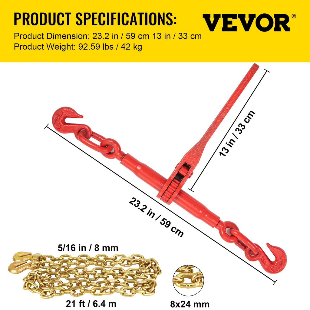 Kit de amarre de cadena VEVOR de 5/16" con capacidad de carga de trabajo de 6600 libras y dos ganchos de agarre incluye (4) amarres de trinquete, (4) cadenas de grado 80 de 21'