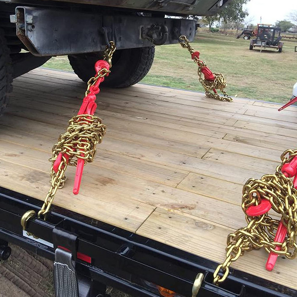 Kit de amarre de cadena VEVOR de 5/16" con capacidad de carga de trabajo de 6600 libras y dos ganchos de agarre incluye (4) amarres de trinquete, (4) cadenas de grado 80 de 21'