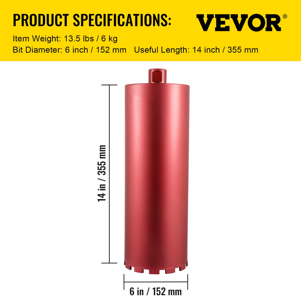 Broca de diamante VEVOR de 6"/152 mm de diámetro 14"/355 mm broca de rosca de 5/8"