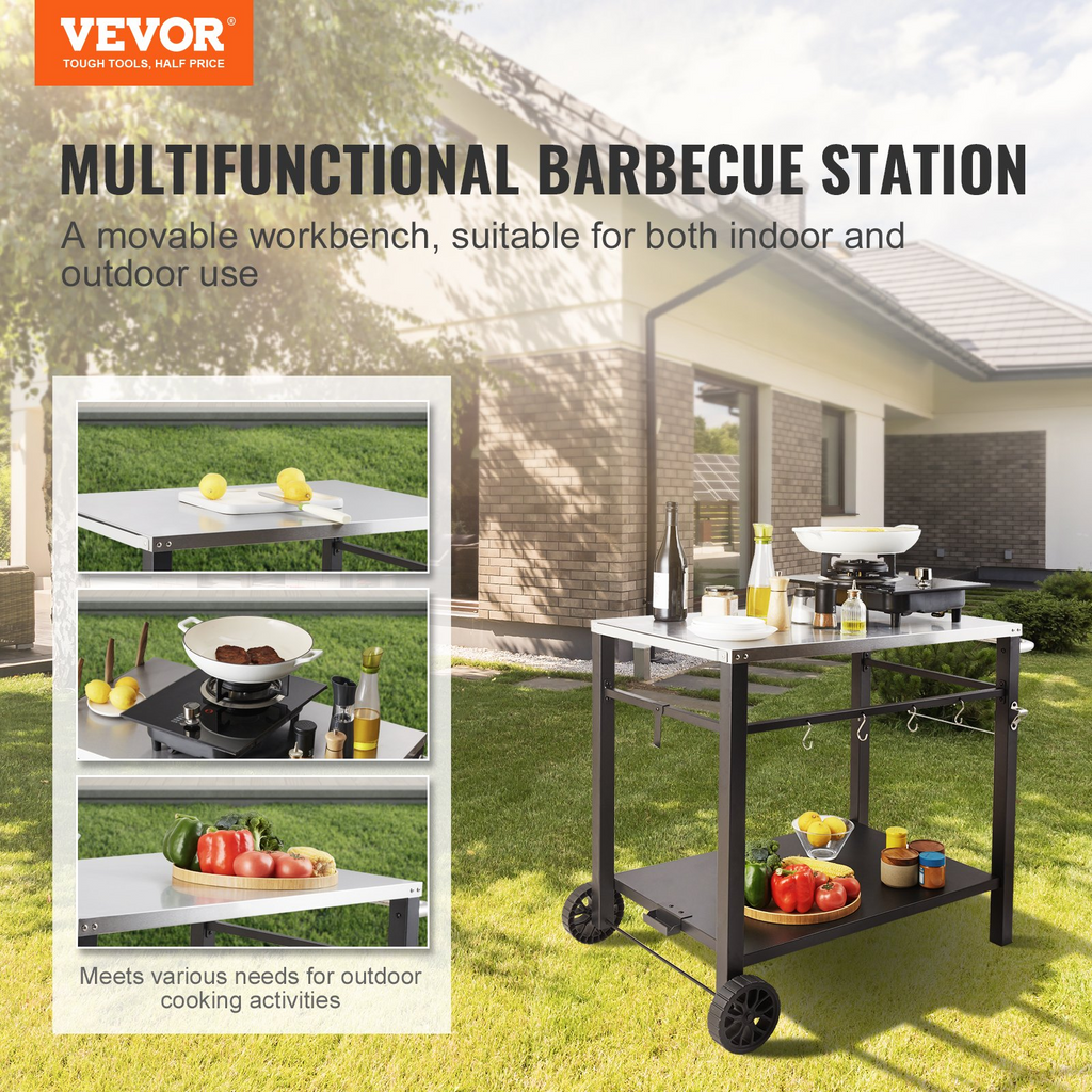 Carrito de comedor para parrilla de exterior con estante doble móvil con 2 ruedas