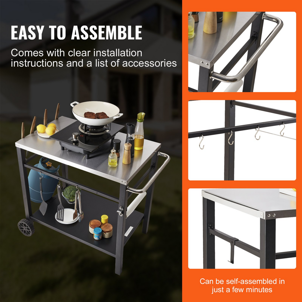 Carrito de comedor para parrilla de exterior con estante doble móvil con 2 ruedas