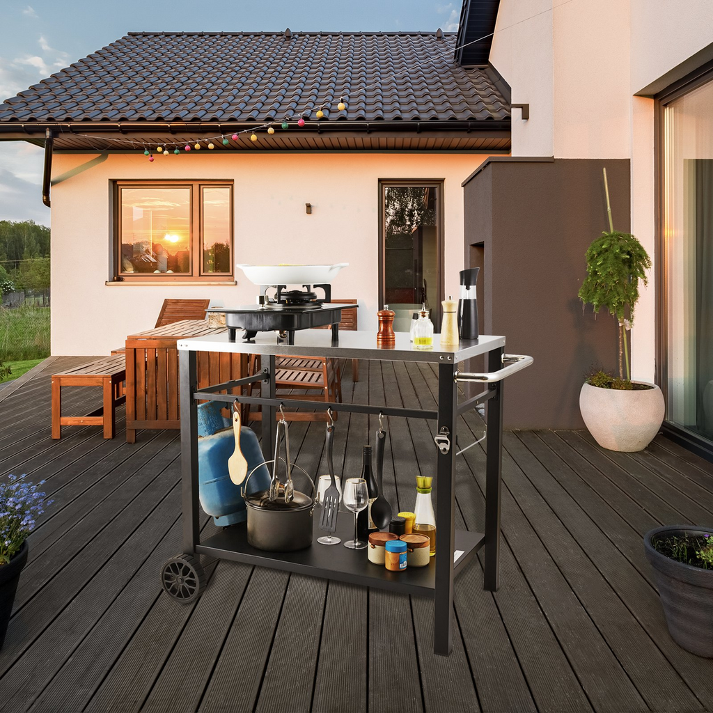 Carrito de comedor para parrilla de exterior con estante doble móvil con 2 ruedas