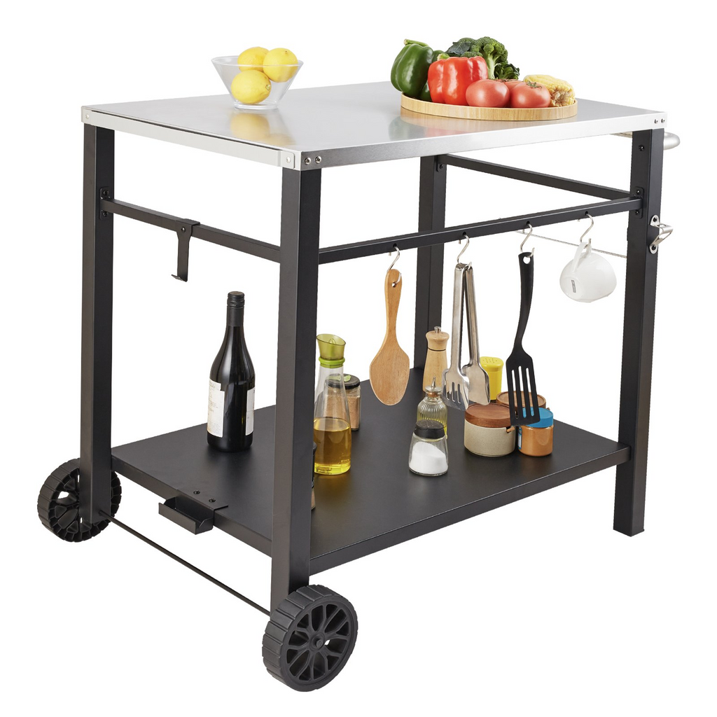 Carrito de comedor para parrilla de exterior con estante doble móvil con 2 ruedas