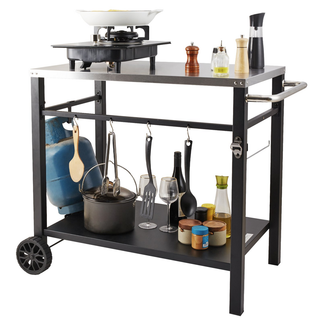 Carrito de comedor para parrilla de exterior con estante doble móvil con 2 ruedas