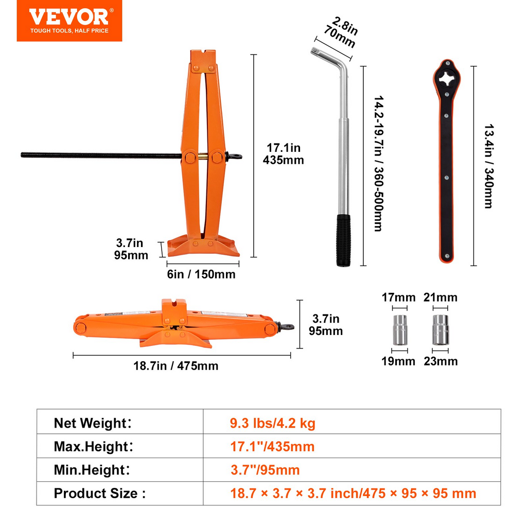 Gato de tijera VEVOR 2,5 toneladas/5512 libras rango de elevación de 3,7" a 17,1"