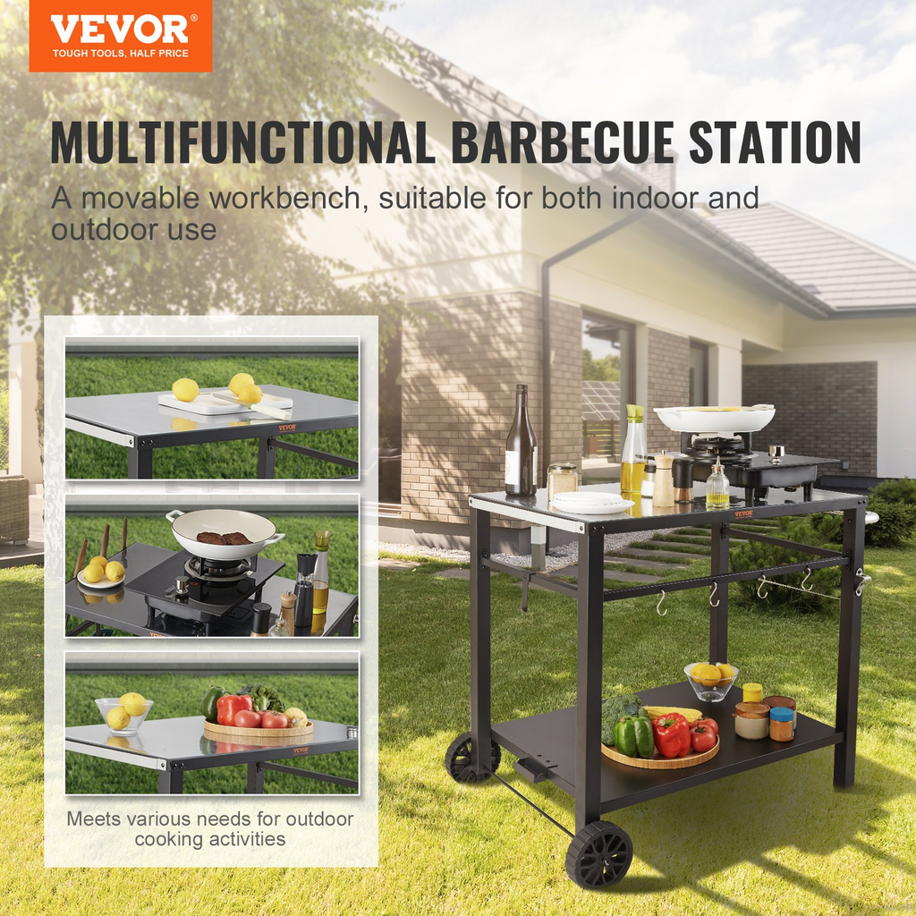 Carrito de comedor para parrilla de exterior con estante doble móvil con 2 ruedas