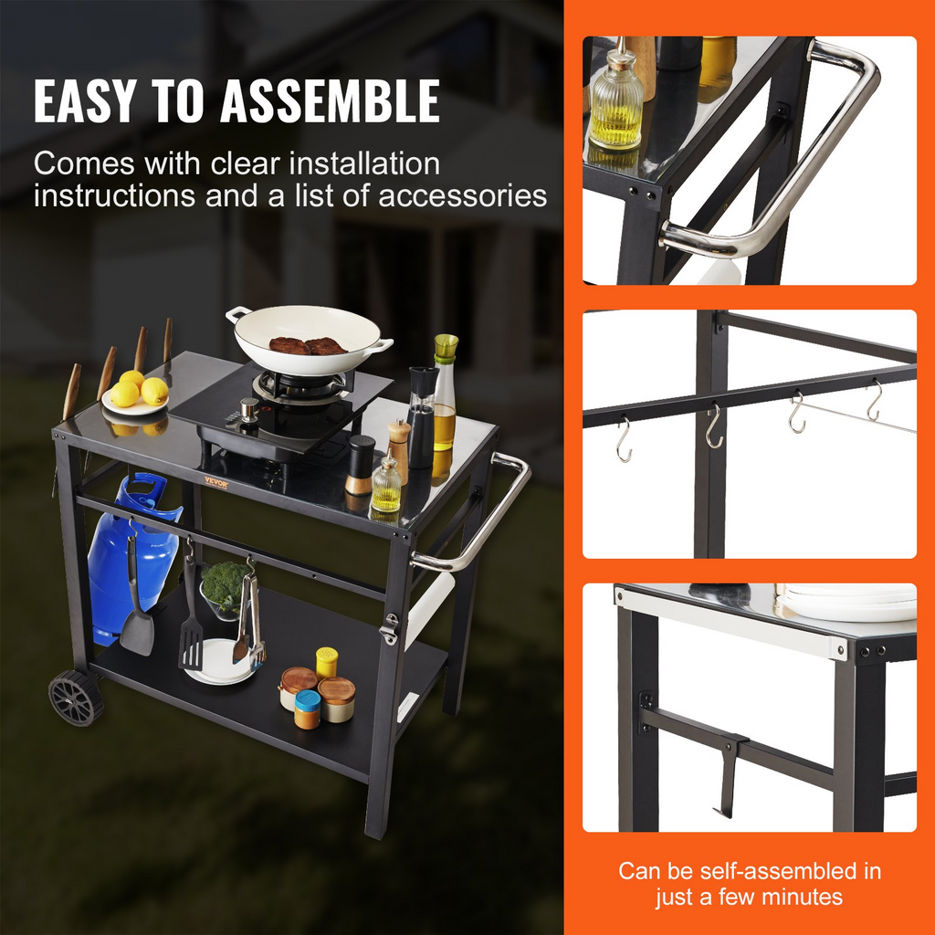 Carrito de comedor para parrilla de exterior con estante doble móvil con 2 ruedas